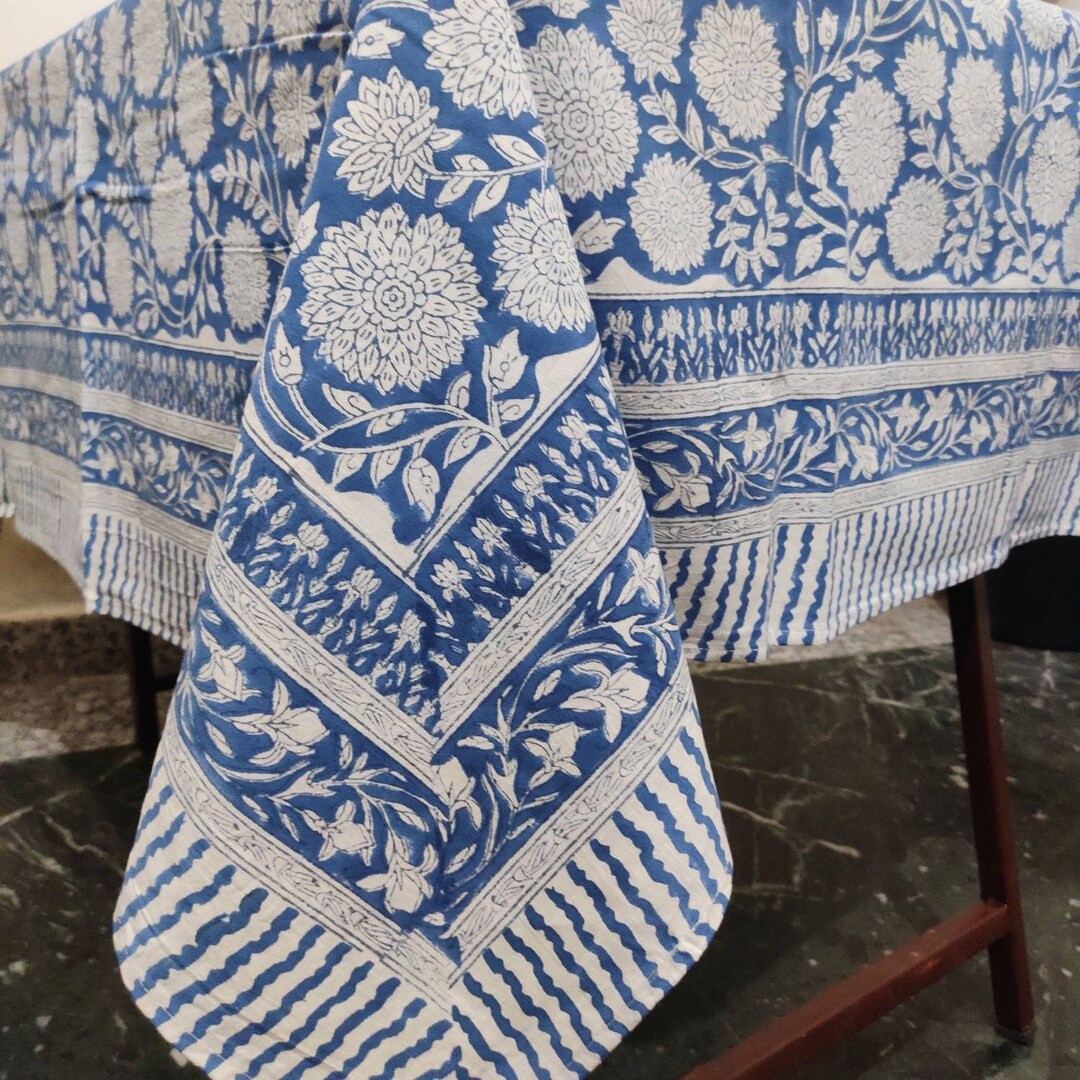 Blue Indian Block Print tablecloth, Floral Cotton Table Cover, Farmhouse Tablecloth , Gift For Ne... | Etsy (US)