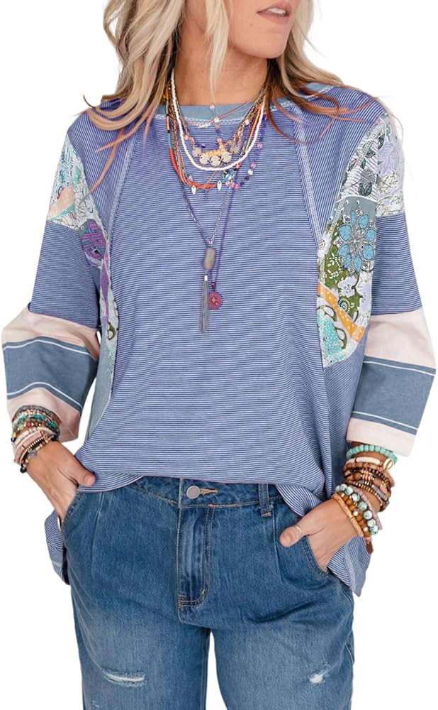 EVALESS Women's Crewneck Batwing 3/4 Sleeve Patchwork Shirts Summer Lightweight Stripe Knit Overs... | Amazon (US)