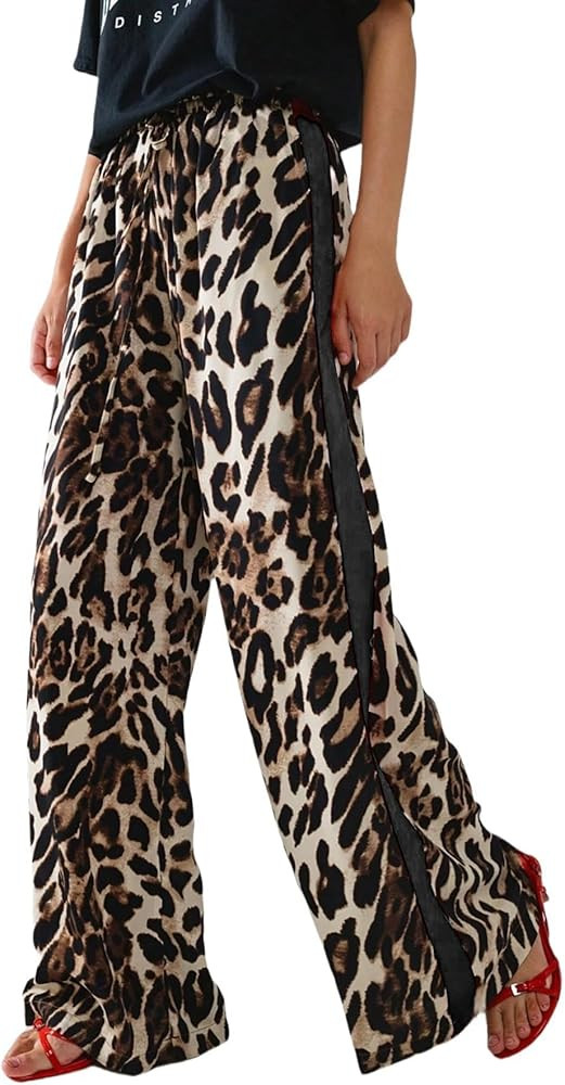 Women's Casual Pants Drawstring Leopard Print Color Block Side Striped Straight Leg Wide Leg Loos... | Amazon (US)