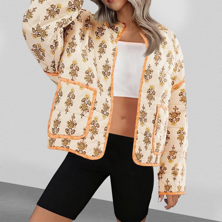 Wancir Warm Quilted Jackets for Women Long Sleeve Floral Print Button Down Puffer Jacket Coats wi... | Walmart (US)
