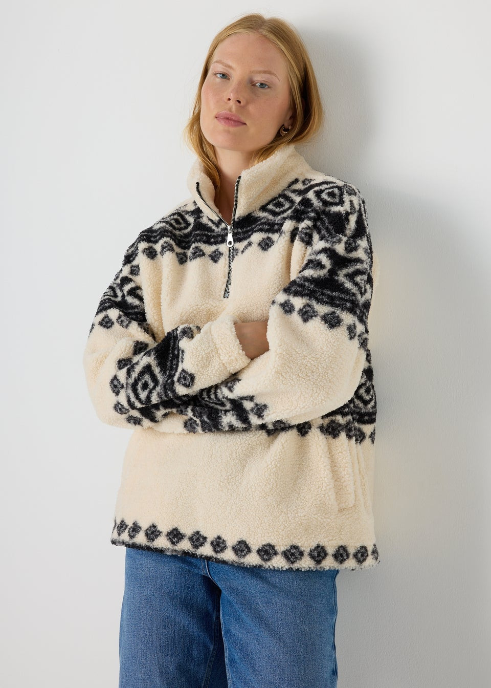 Black Aztec Borg Half Zip Jumper - Medium | Matalan (UK)