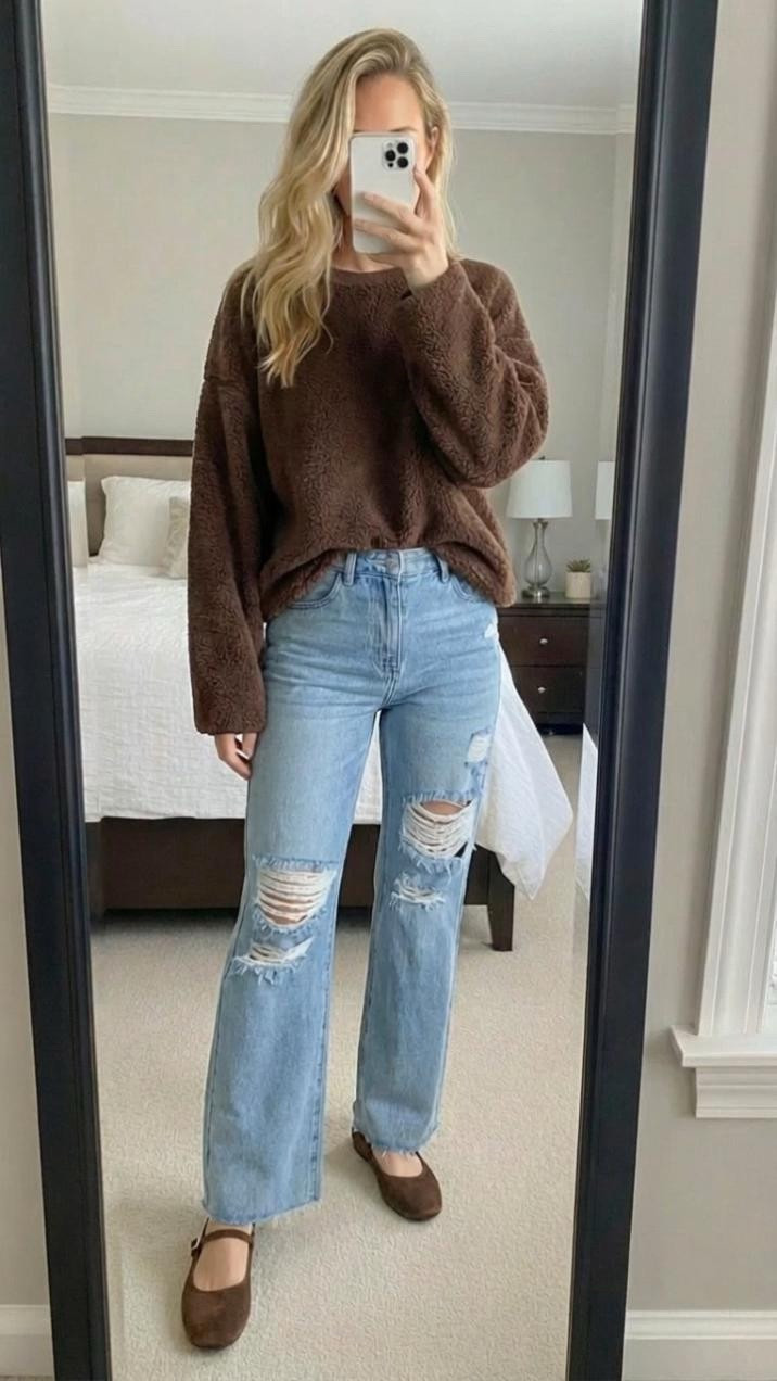 THIS TEDDY FLEECE SWEATER IS COZY PERFECTION! 🤎☕
I'm OBSESSED with this chocolate brown teddy fleece sweater! If you're looking for cozy fall outfits, everyday casual looks, comfortable style ideas, or that perfect soft sweater for cooler weather, THIS IS IT! This has become my most-worn piece! 🧸
THE SWEATER: Can we talk about how incredibly soft and cozy this teddy fleece pullover is?! The rich chocolate brown color is SO fall and versatile! The texture is like wearing a warm hug - it's fuzzy, plush, and ridiculously comfortable! The oversized, relaxed fit is perfect for lounging but still looks put-together enough to wear out! 🤎
The crew neck is classic, the drop shoulders add to the relaxed vibe, and the slightly cropped length pairs perfectly with high-waisted jeans! The ribbed cuffs and hem keep everything in place! This sweater is the definition of cozy chic! ✨
THE JEANS: These light-wash distressed straight leg jeans are EVERYTHING! The ripped details add edge and personality, the light blue wash creates beautiful contrast with the brown sweater, and the straight leg fit is so flattering! These jeans are the perfect casual staple! 👖
STYLING: I paired this with brown suede ballet flats for the ultimate tonal, comfortable look! The brown-on-brown coordination is so sophisticated! The ballet flats keep it casual and easy to wear all day! 🩰
COLOR COMBO: Brown + light denim is such a timeless, effortless combination! It's cozy, neutral, and works for literally any casual occasion! This color palette screams fall comfort! 🍂
THIS OUTFIT IS PERFECT FOR: casual fall days, coffee runs, weekend errands, cozy mornings, working from home, traveling, lazy Sundays, or any time you want maximum comfort without sacrificing style! This is the ultimate throw-on-and-go outfit! ☕
TEDDY FLEECE LOVE: Teddy fleece sweaters are having a MAJOR moment! They're incredibly soft, warm, and add instant cozy vibes to any outfit! This texture is so on-trend for fall and winter! 

 

#LTKgrwm #LTKootd #LTKmorningroutine
