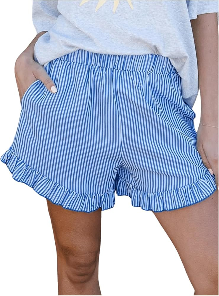 MakeMeChic Women's Gingham Ruffle Boxer Shorts Elastic High Waist Pajamas Lounge Shorts | Amazon (US)