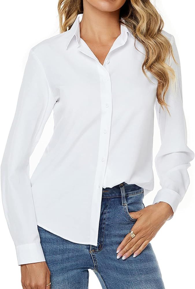 jonivey Women Stretch Button Down Shirt Long Sleeve Basic Work Formal Casual Blouse | Amazon (US)