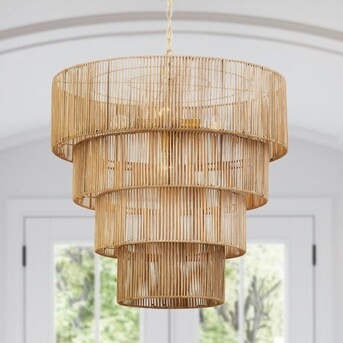 KAWOTI Luceo 5-Light Distressed Gold Canopy with Natural Rattan Shade Rustic Drum Hanging Pendant... | Lowe's