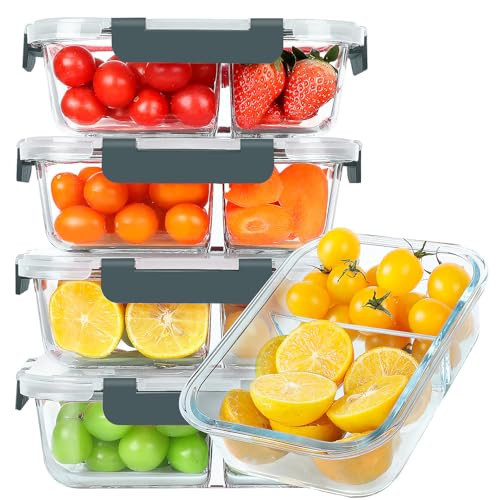 KOMUEE 30 oz 5 Pack Glass Meal Prep Containers 2 Compartments, Glass Food Storage Containers with Lids, Airtight Lunch Box, Microwave, Oven and Freezer Safe | Amazon (US)