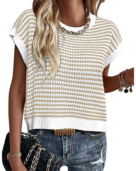 PRETTYGARDEN Womens Short Sleeve Sweater Spring Summer 2025 Round Neck Striped Pullover Cap Sleev... | Amazon (US)