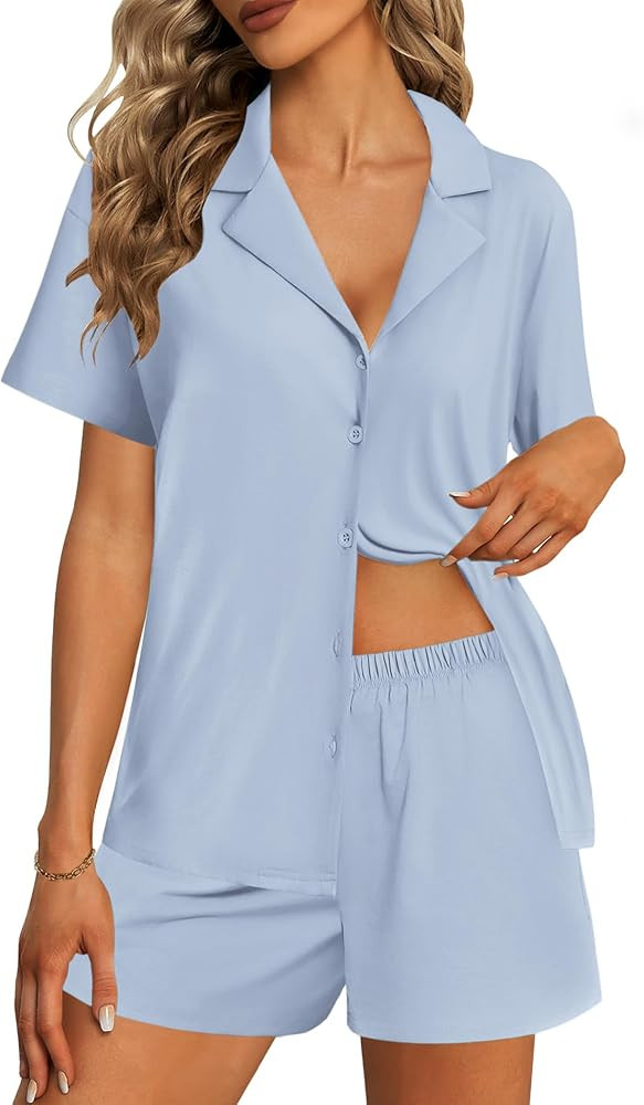 Ekouaer Womens Pajama Sets 2 Piece Cotton Pjs Button Down Sleepwear Short Sleeve Lounge Set with ... | Amazon (US)