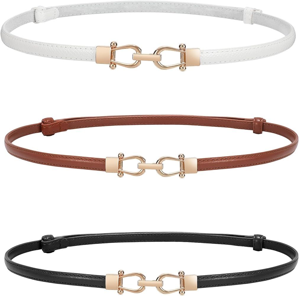 Women 3 Pack Skinny Belt for Dress,Thin Waist Belt - Adjustable Leather Belt with Gold Buckle    ... | Amazon (US)