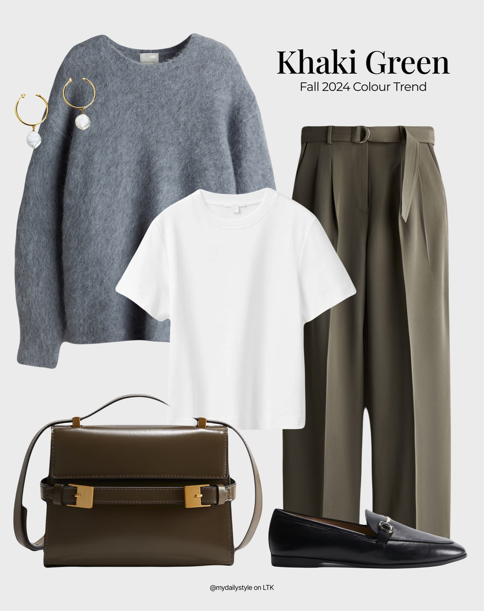 Khaki green in all its shades is definitely the color of the season. I’ve styled khaki green trousers with a white t-shirt & grey mohair sweater for a timeless fall look.

Tags: khaki green, olive green, fashion trends 2024, fall style, pre-fall, autumn style, fall outfit, autumn outfit, fall fashion, autumn fashion, easy styling, simple everyday look, chic & basic outfit, Parisian look, casual outfit, capsule wardrobe, office look, brunch style, high street. 

#LTKautumn #LTKstyletip #LTKbag