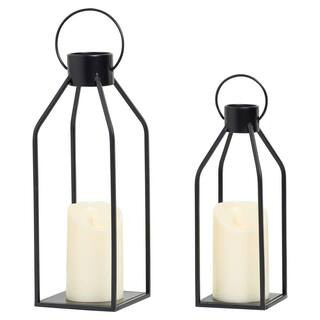 15 in. and 12 in. Modern Farmhouse Metal Candle Lanterns with Timer Flickering Candles for Indoor... | The Home Depot