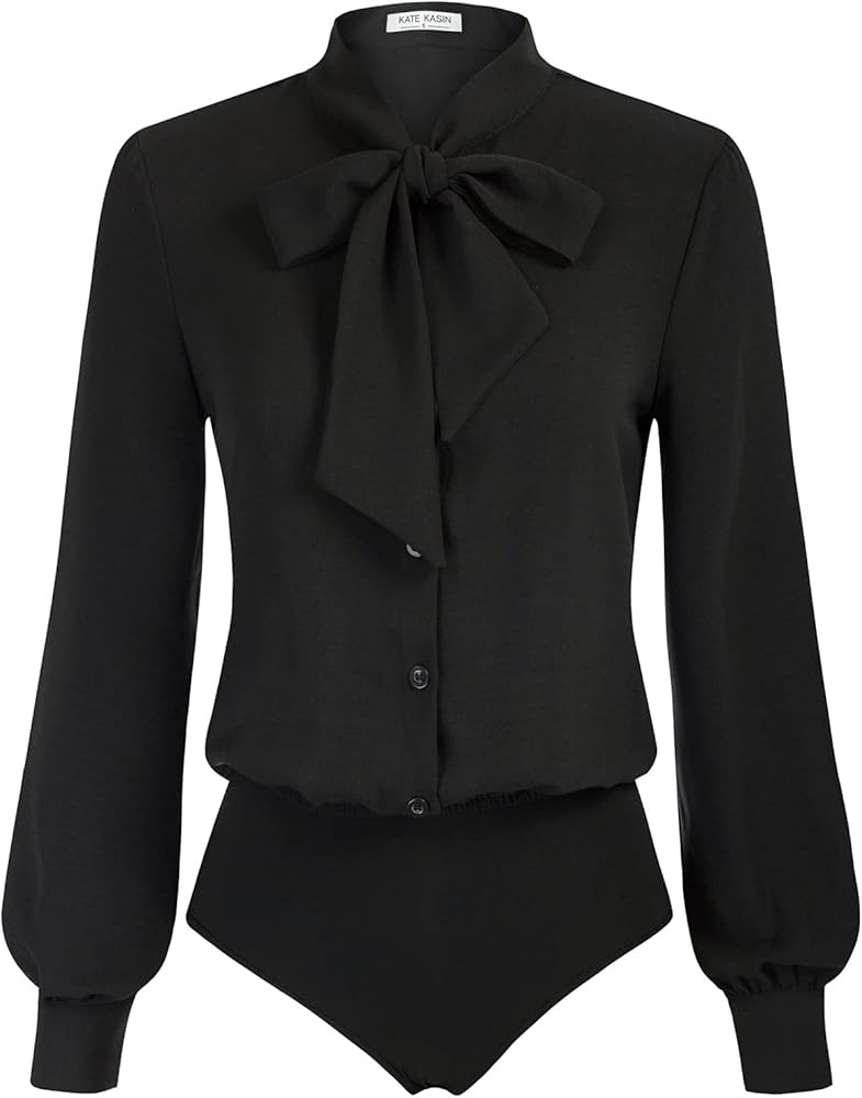 Kate Kasin Women Bow Tie Neck Office Blouse Button Down Long Sleeve Bodysuits Blouse Top | Amazon (US)