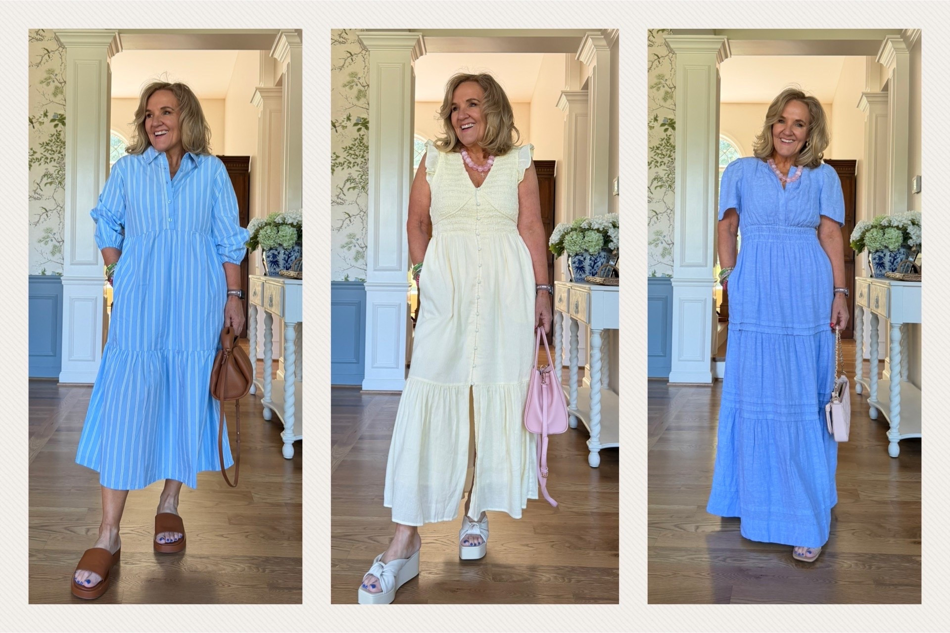 Quince dresses are great finds for spring and summer. Beautiful fabrics. Easy styles. 
Striped poplin I sized down to a small. Stay true to size if you have a larger chest 

Yellow dress is fully lined size medium 

Linen maxi dress is just beautiful especially for a summer wedding. Size medium

#LTKWedding #LTKOver40 #LTKSeasonal