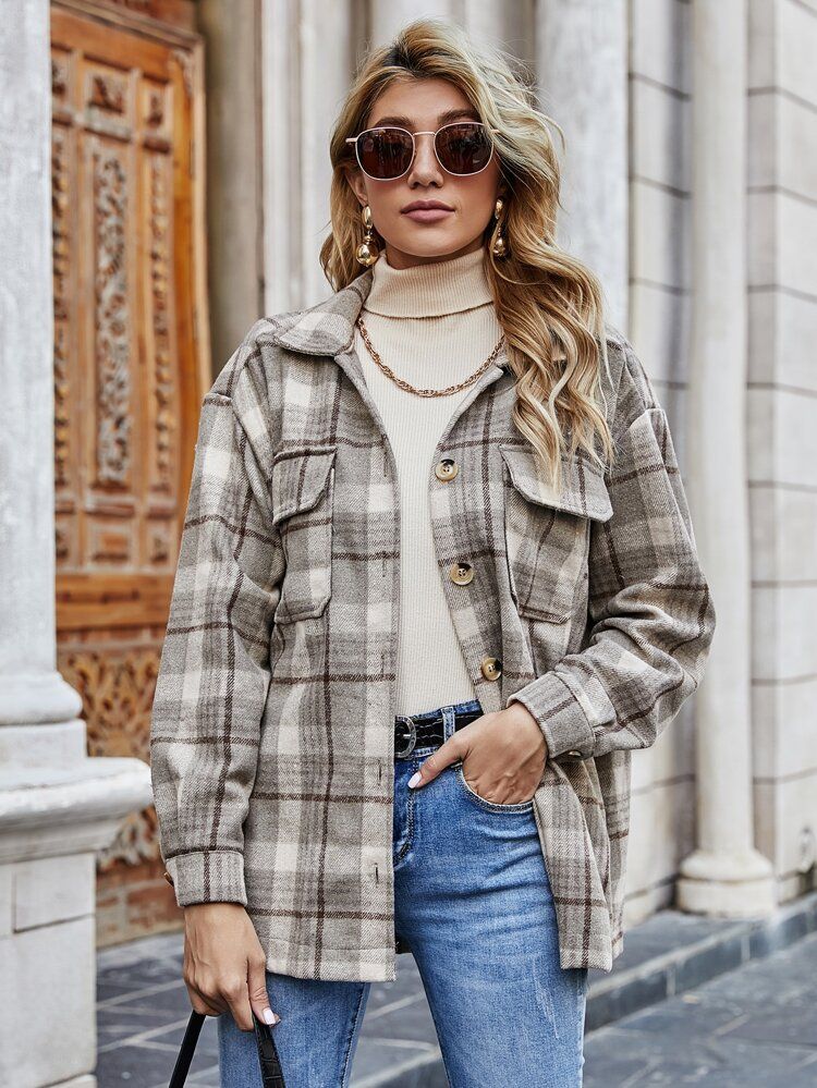 Flap Pocket Button Front Plaid Coat | SHEIN