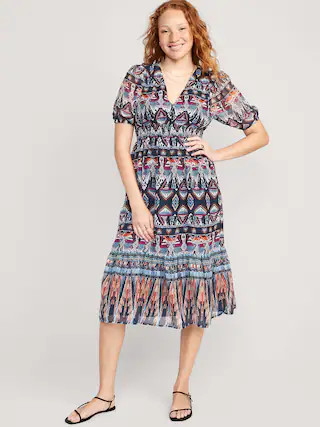 Waist-Defined V-Neck Midi Dress for Women | Old Navy (US)
