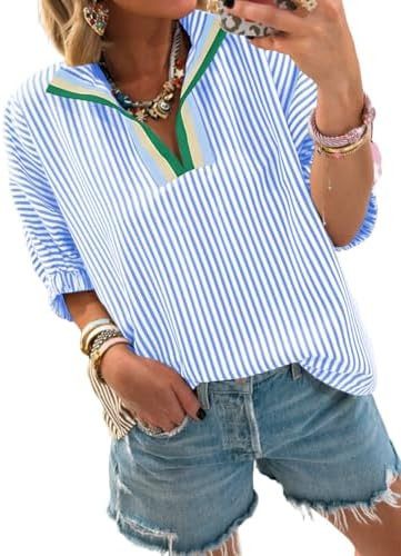 Samefar Womens Short Sleeve Tops Striped V Neck Summer Casual Loose Fit Blouses Business Tee Shir... | Amazon (US)