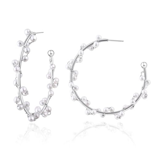Pearl Hoop Earrings for Women Sterling Silver Hoop Earrings Big Circle Pearl Earrings 925 Sterling Silver Earrings for Wedding Gift | Amazon (US)