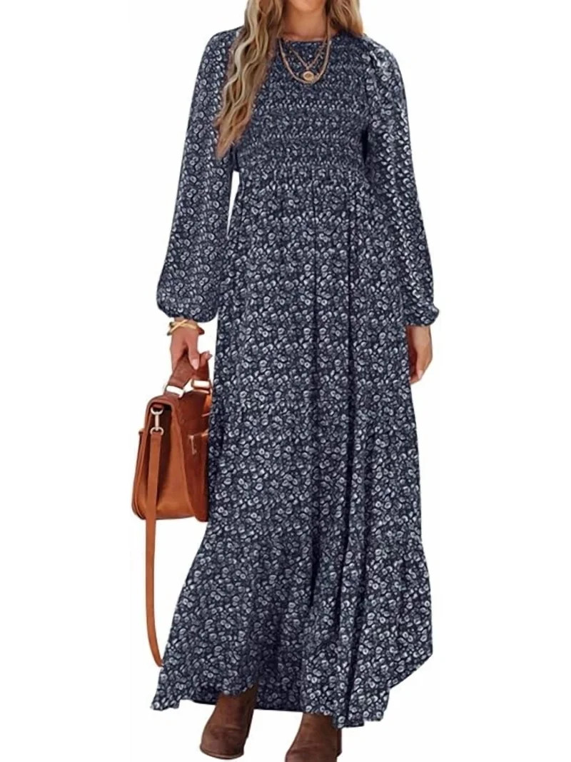 PRETTYGARDEN Women's Fall Dresses Long Sleeve Flowy Casual Floral Maxi Dress Crew Neck Smocked Ti... | Walmart (US)