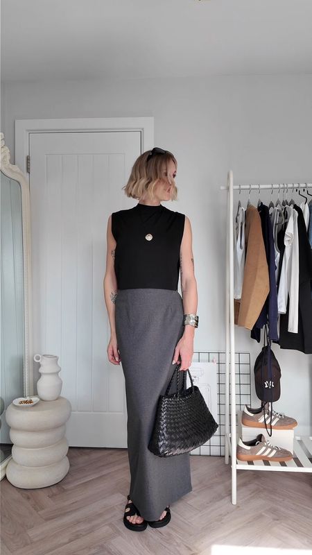 How to styls a maxi skirt this spring -  items styled from S.Deer (ad)CB20 for 20% off on any order!CB25 for 25% off orders over $199﻿!CB35 for 35% off orders over $299!- Grey Straight Maxi Skirt size S- Mock Neck Sleeveless T-Shirt size S - Navy wrap cardigan size S  - Camel round Neck Wool Jacket size M #maxiskirt #springoutfits 

#LTKfindsunder100 #LTKeurope #LTKVideo