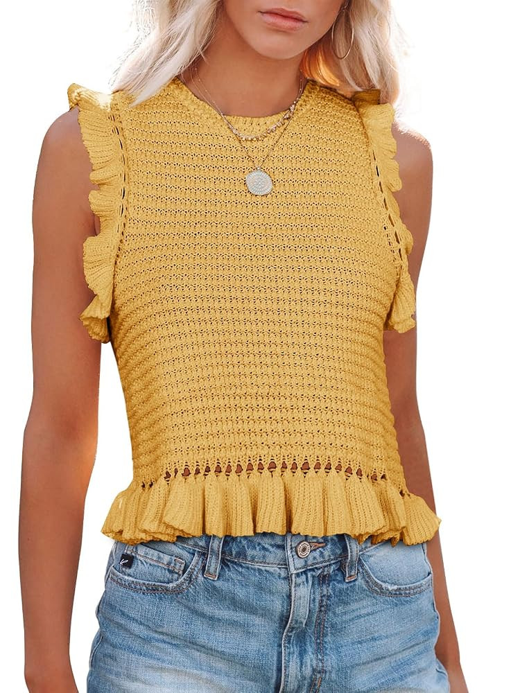PiePieBuy Women's Summer Knit Tank Tops Crew Neck Sleeveless Cami Shirts Tees Ruffle Sweater Vest | Amazon (US)