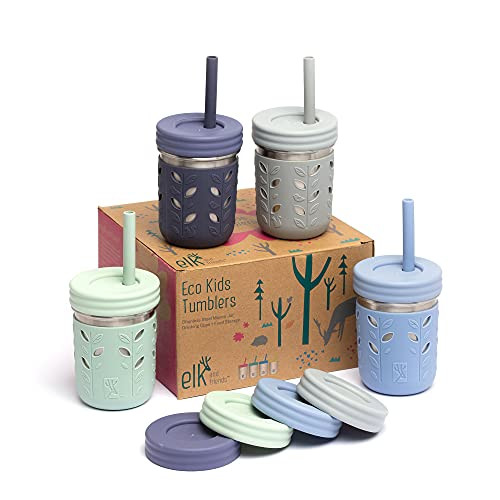 Elk and Friends 10oz Stainless Steel Kids + Toddler Drinking Cups | The Original Mason Jar with Sleeves + Lids | Silicone Straws | Smoothies | Storage Jar | Spill Resistant | Dishwasher Safe | 4 Pack | Amazon (US)