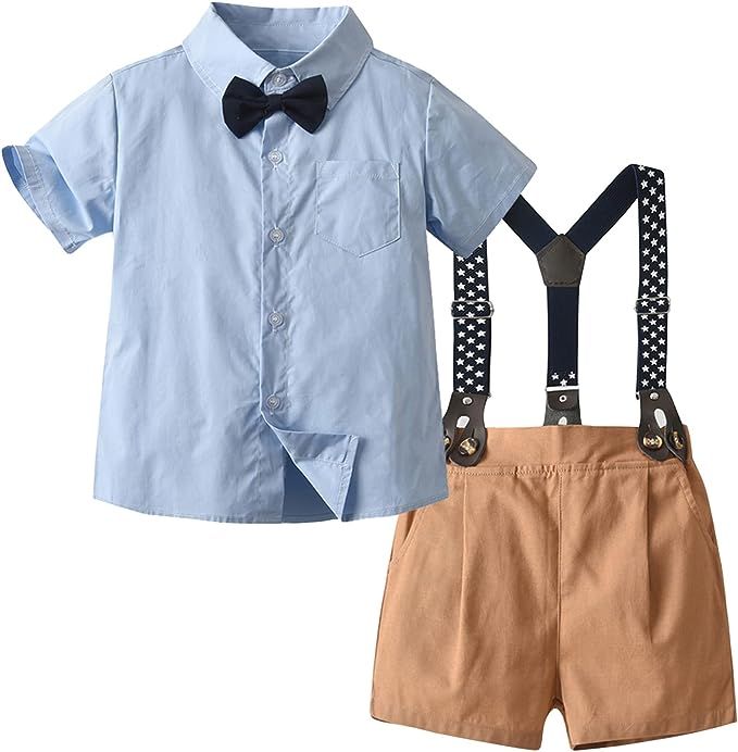 SANGTREE Baby Boys Clothes, Dress Shirt with Bowtie + Suspender Shorts | Amazon (US)