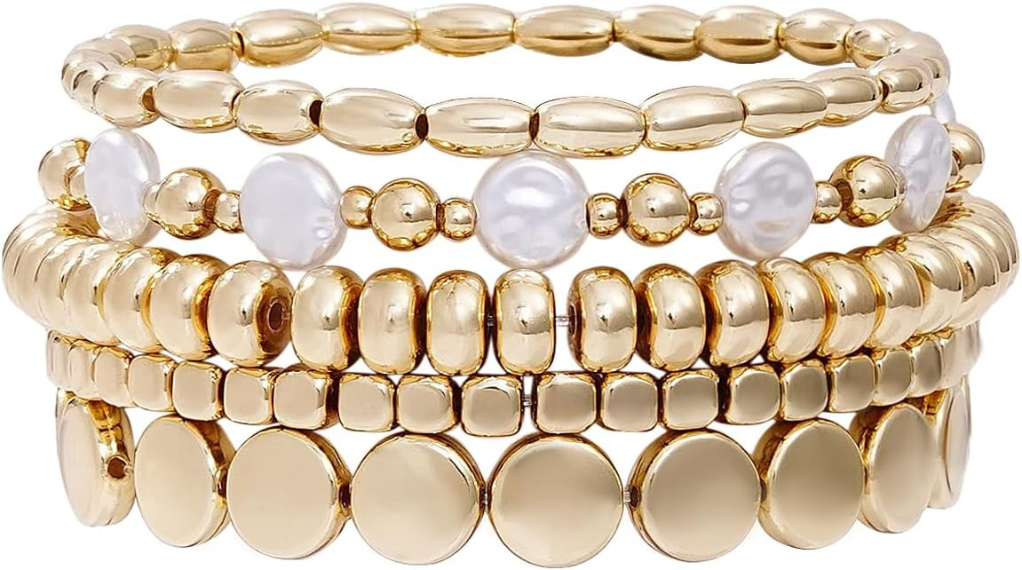 Gold Beaded Bracelets for Women Trendy, 14K Gold Plated Stack Cross Pearl Gold Bead Stretch Brace... | Amazon (US)