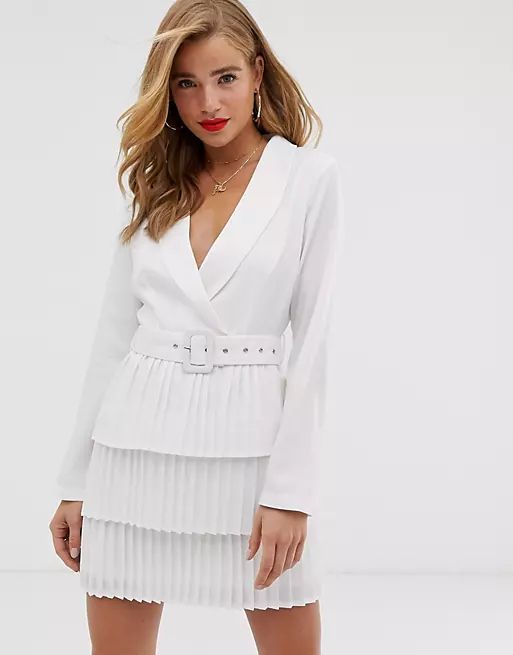 In The Style x Dani Dyer plunge front blazer dress with pleated skirt in white | ASOS (Global)