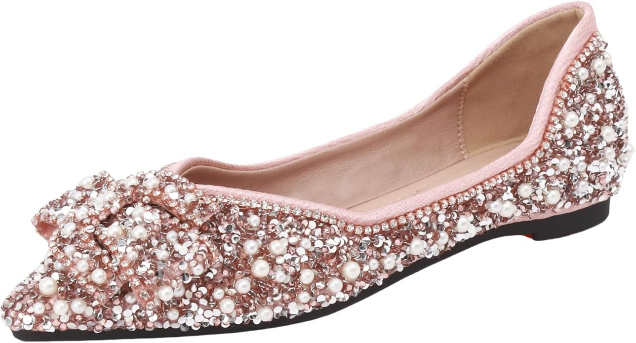 Women\u2018s Rhinestone Flats Sparkle Pointed Dress Shoes Memory Foam Wedding Work Comfortable Ba... | Amazon (US)
