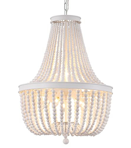 Q&S Beaded Chandelier Farmhouse White Wood Beaded Boho Light Fixture Vintage Antique 8 Lights for Dining Room Nursery Kitchen Foyer Bedroom Living Room UL Listed | Amazon (US)