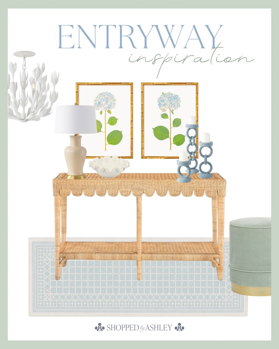 Classic coastal entryway inspiration ✨ I just ordered this machine washable rug! 

Entryway furniture, entryway decor, scallop table, hydrangea wall art, classic style, classic home, classic decor, designer style 

#LTKStyleTip #LTKHome