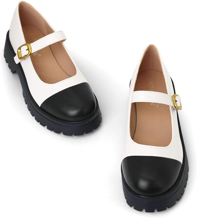 UOPBYEA Mary Jane Vintage Flats Heel Women Platform Leather Shoes with Adjustable Buckle Strap | Amazon (US)