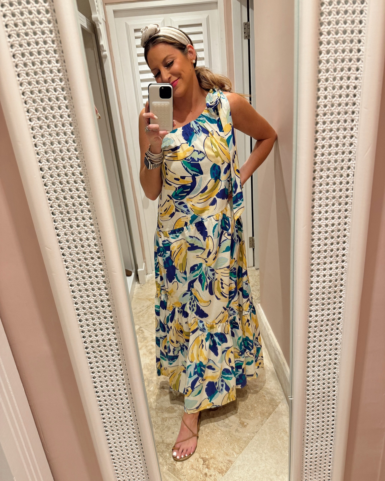 In a medium one shoulder floral maxi, headband, sandals and accessories for resort/beach outfit - all fits TTS.

#LTKSeasonal #LTKtravel #LTKstyletip