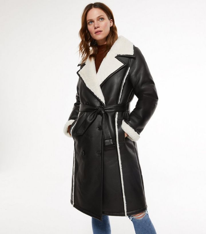 Black Leather-Look Faux Fur Lined Mac Coat
						
						Add to Saved Items
						Remove from Save... | New Look (UK)