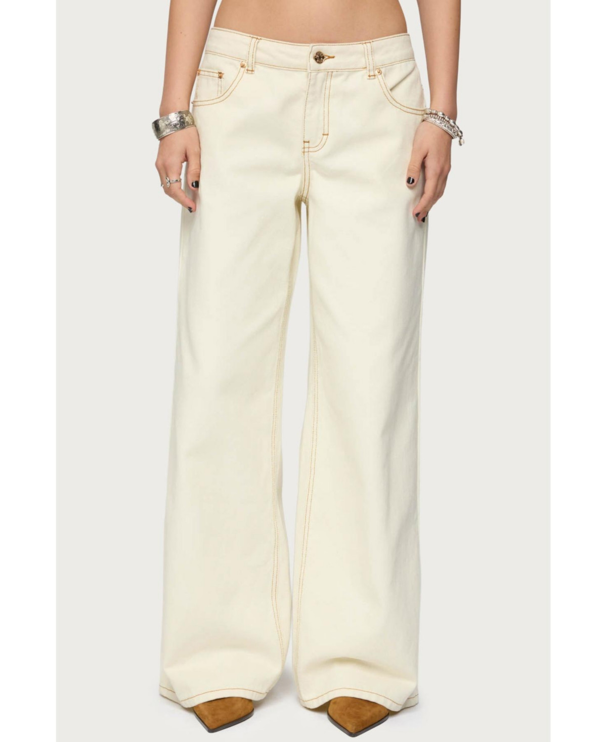 Edikted Women's Contrast Stitch Low Rise Wide Leg Jeans - Cream | Macy's