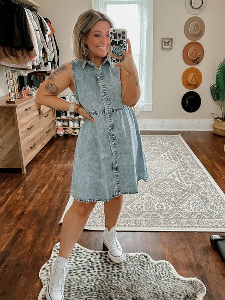 Cute spring outfit idea. Teacher outfit idea. Denim button up dress (small) and white high top sneakers (tts) 

#LTKFind #LTKU #LTKSeasonal