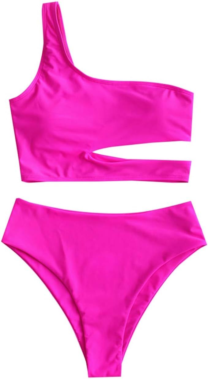 ZAFUL Women's Neon One Shoulder Cutout High Cut High Waisted Tankini Swimsuit | Amazon (US)