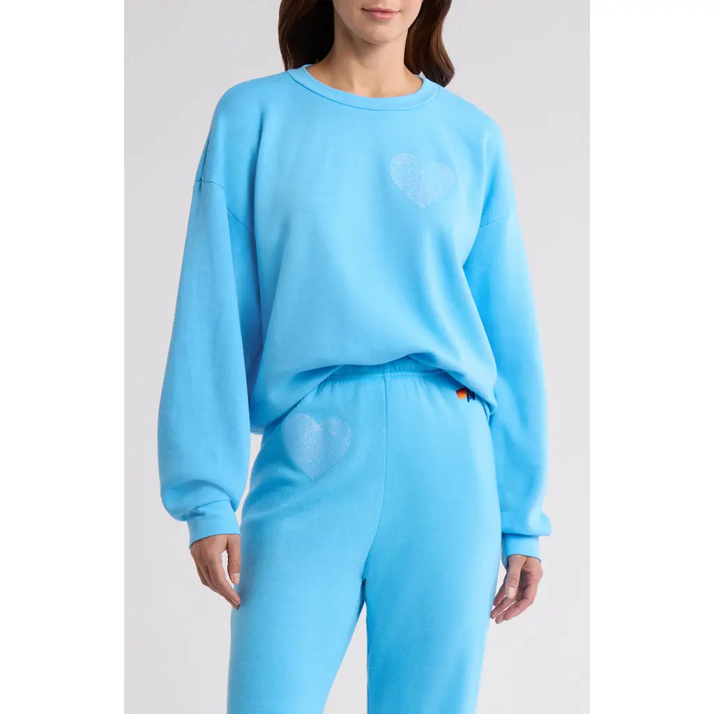 Aviator Nation Glitter Heart Crewneck Sweatshirt in Sky/Blue at Nordstrom, Size Medium | Nordstrom