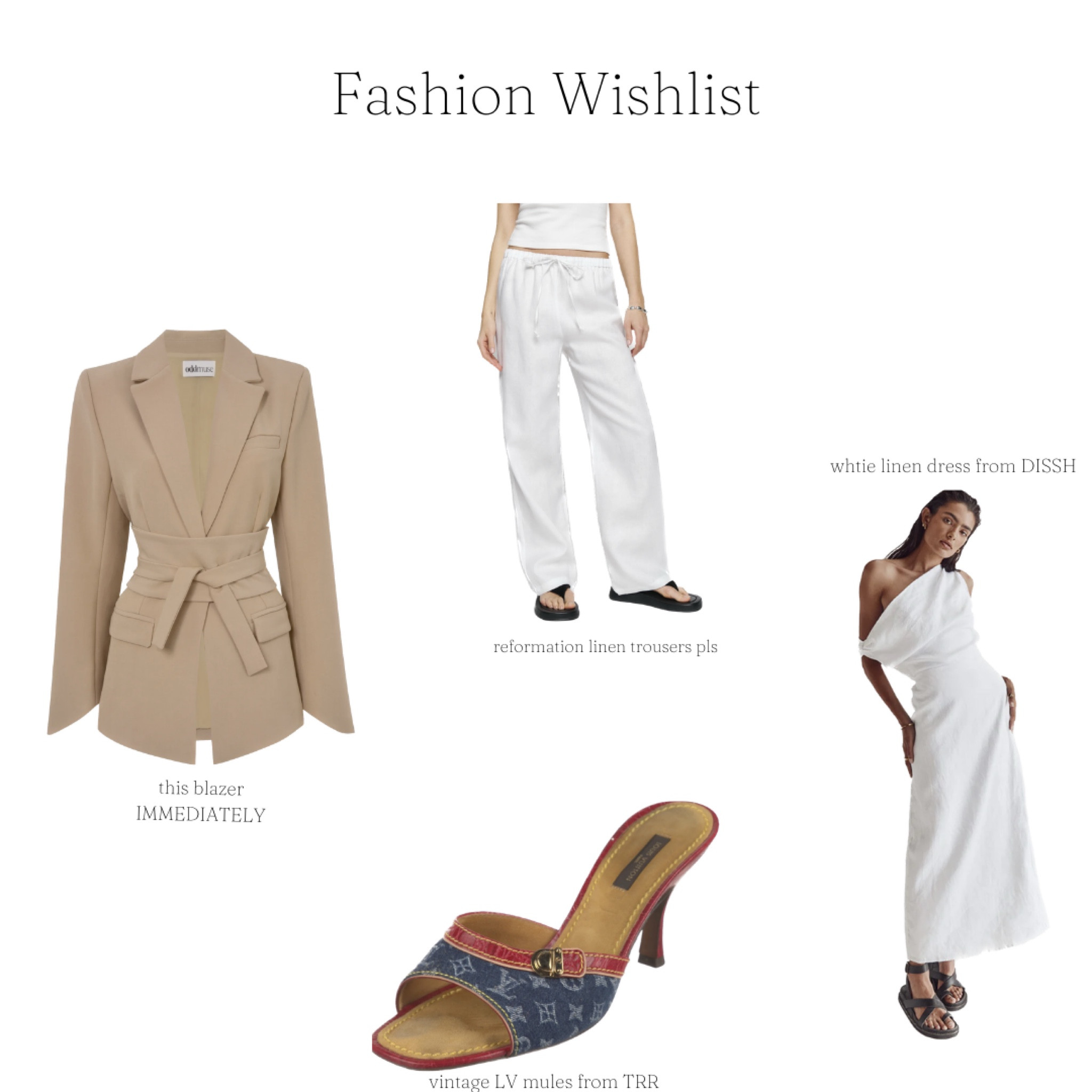 My spring fashion wishlist! The cutest tailored blazers, vintage Louis Vuitton heels, white linen pants, and linen dress! 
(The blazer pictured here is from odd muse london but I linked look a likes!)

#LTKshoecrush #LTKSeasonal #LTKstyletip