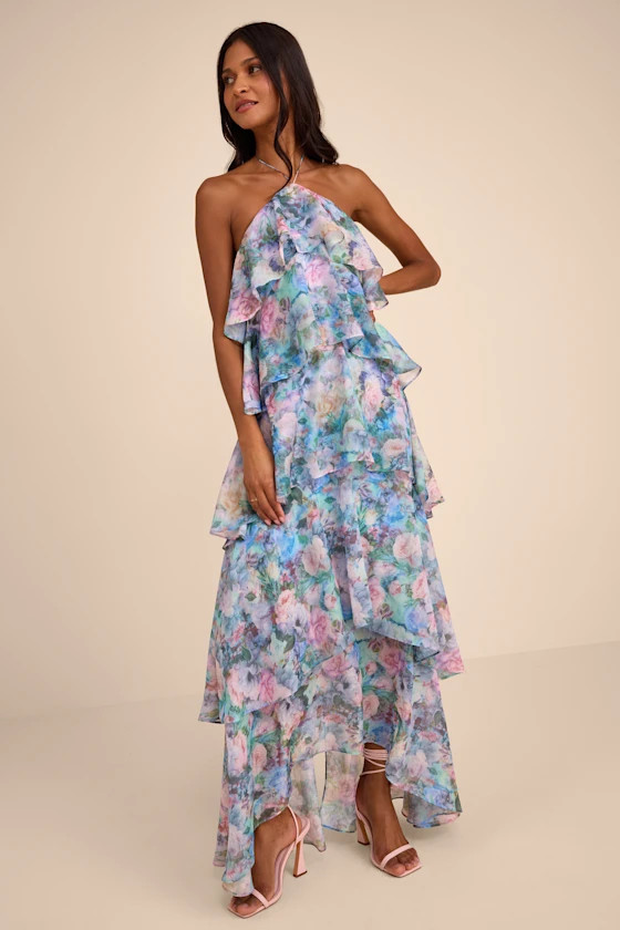 Melody Light Blue Floral Tiered Halter Maxi Dress | Lulus