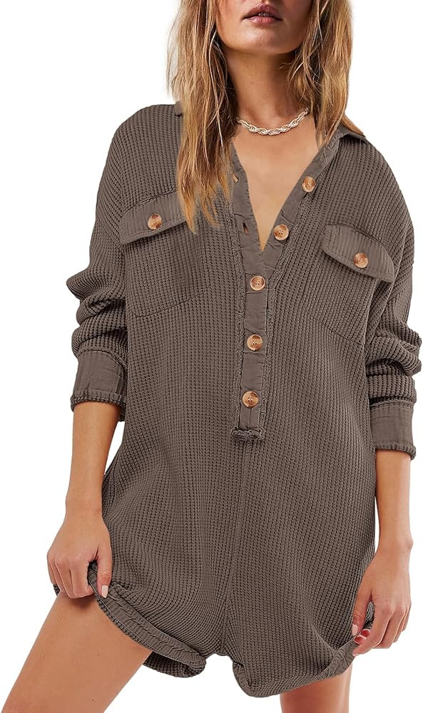 Yanekop Womens Waffle Knit Rompers Oversized Button Down Short Jumpsuit V Neck Long Sleeve Overal... | Amazon (US)