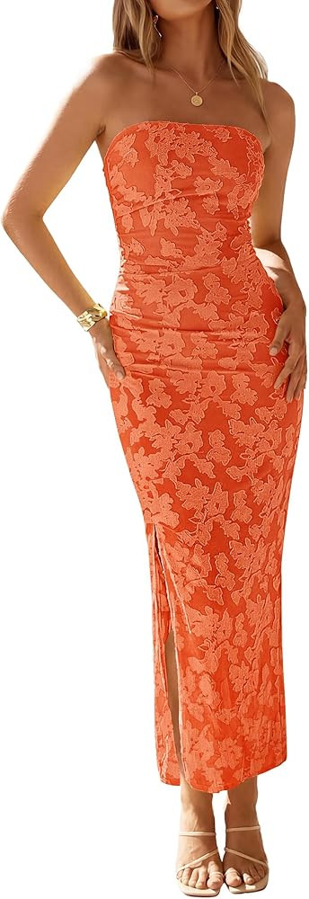 ZESICA Womens 2026 Summer Floral Strapless Maxi Dress Bodycon Side Slit Mesh Formal Cocktail Part... | Amazon (US)