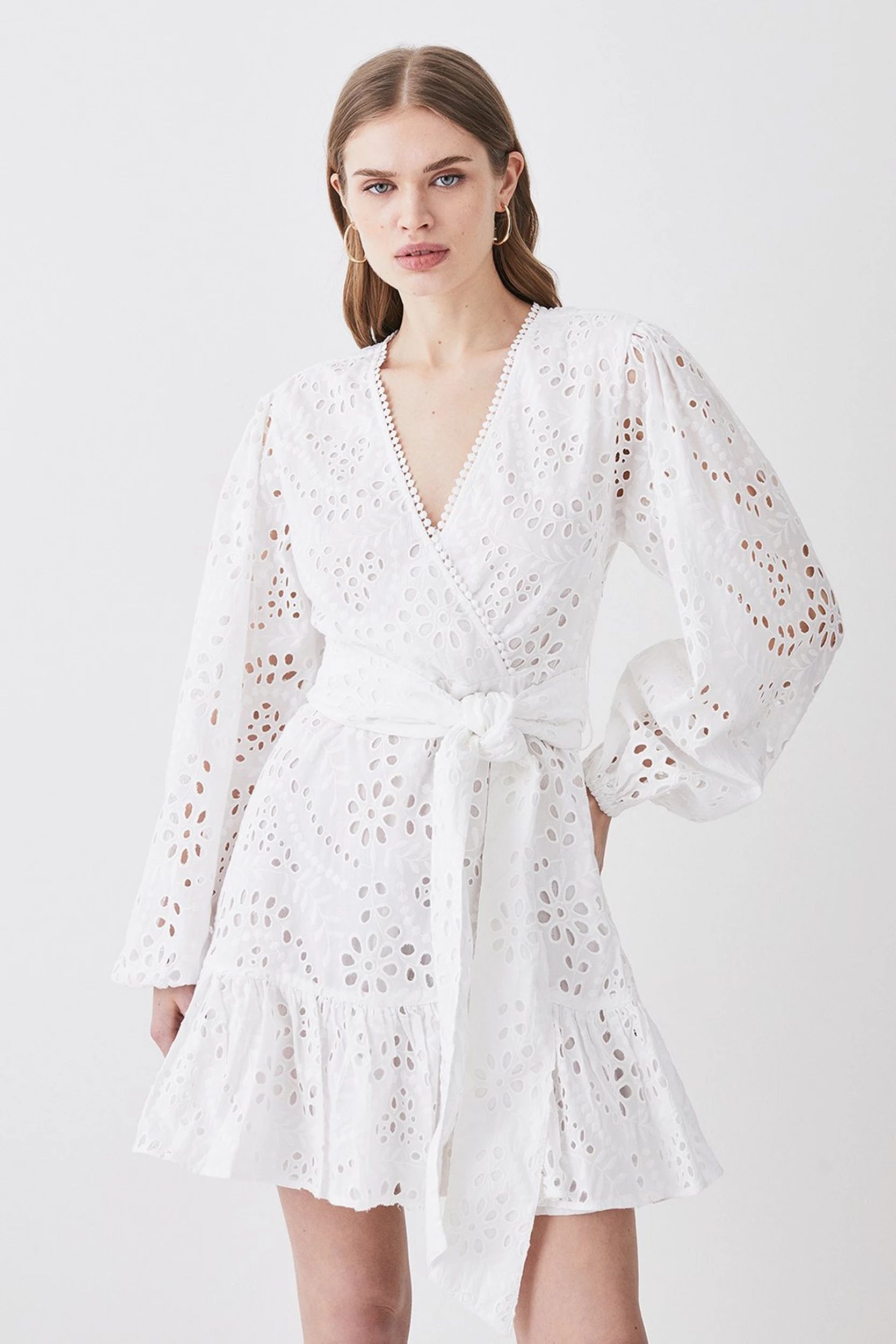 Cotton Eyelet Wrap Mini Dress | Karen Millen US