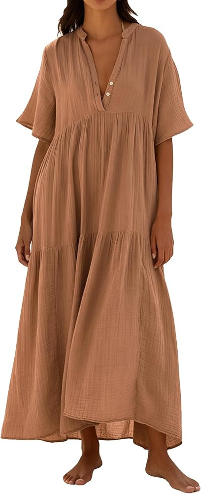 R.Vivimos Womens Summer Cotton Flowy Maxi Dress Short Sleeve V Neck Empire Waist Boho Tiered Ruff... | Amazon (US)