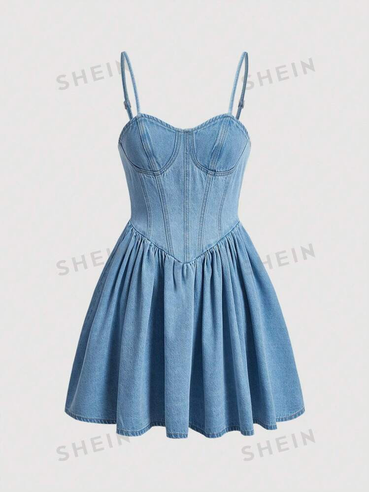 SHEIN MOD Women's Summer Ruched Denim Strap Dress | SHEIN