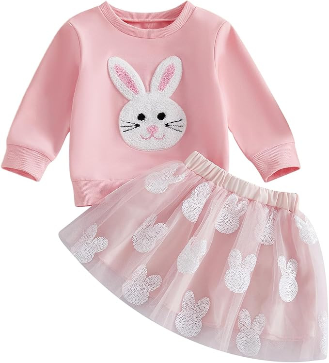 Toddler Girl Easter Outfit Cute Bunny Letter Embroidery Sweatshirt Party Tutu Tulle Skirt Kids Sp... | Amazon (US)