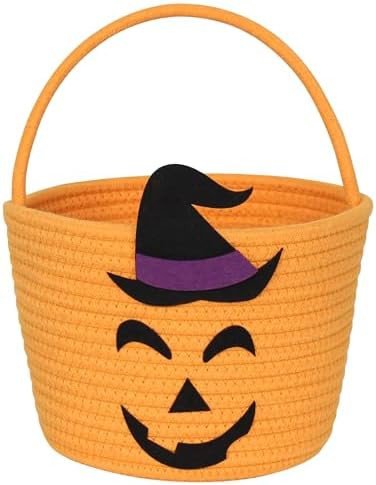 Halloween Basket for Kids, Woven Cotton Rope Pumpkin Candy Basket, Cute Trick or Treat Bucket wit... | Amazon (US)