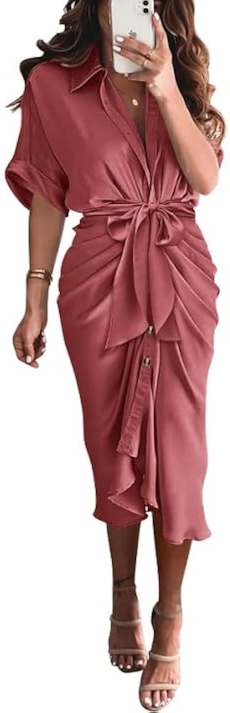 BTFBM Women 2024 Button Down Ruched Shirt Dresses Short Sleeve Lapel V Neck Elegant Party Spring ... | Amazon (US)