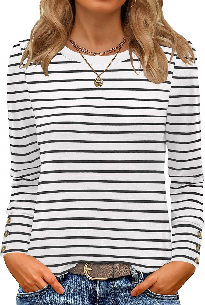 ANRABESS Long Sleeve Shirts for Women Crewneck Basic Tee Striped Tops 2025 Fall Casual Loose Fit ... | Amazon (US)