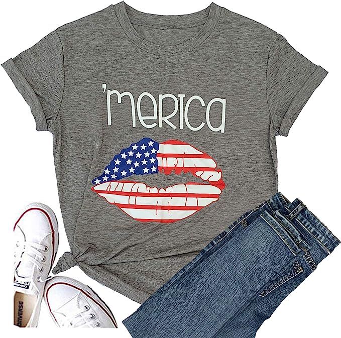 Women's USA Short Sleeve Christmas Blessed T-Shirt Love Funny Graphic Tees Tops Casual Cute Tops | Amazon (US)